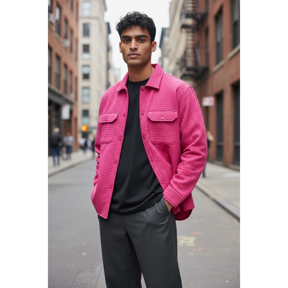 BoohooMAN Pink Quilted Square Button Through Shacket Size L